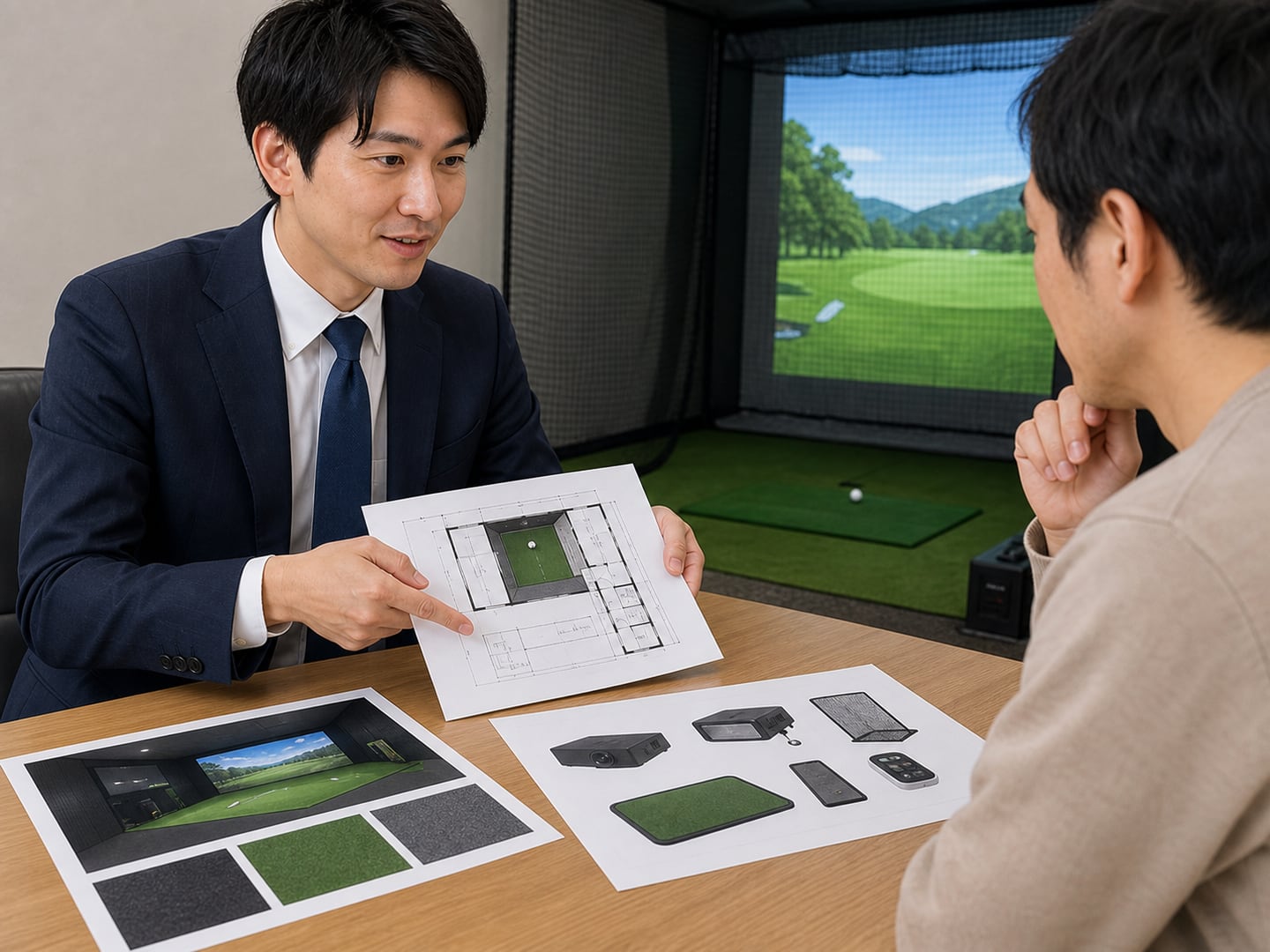 予算に合わせたシミュレーションゴルフ設備を提案するスタッフ