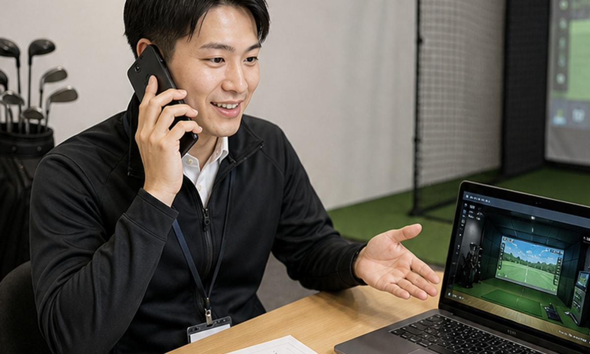 ゴルフシミュレーターについて電話で相談を受けるスタッフ