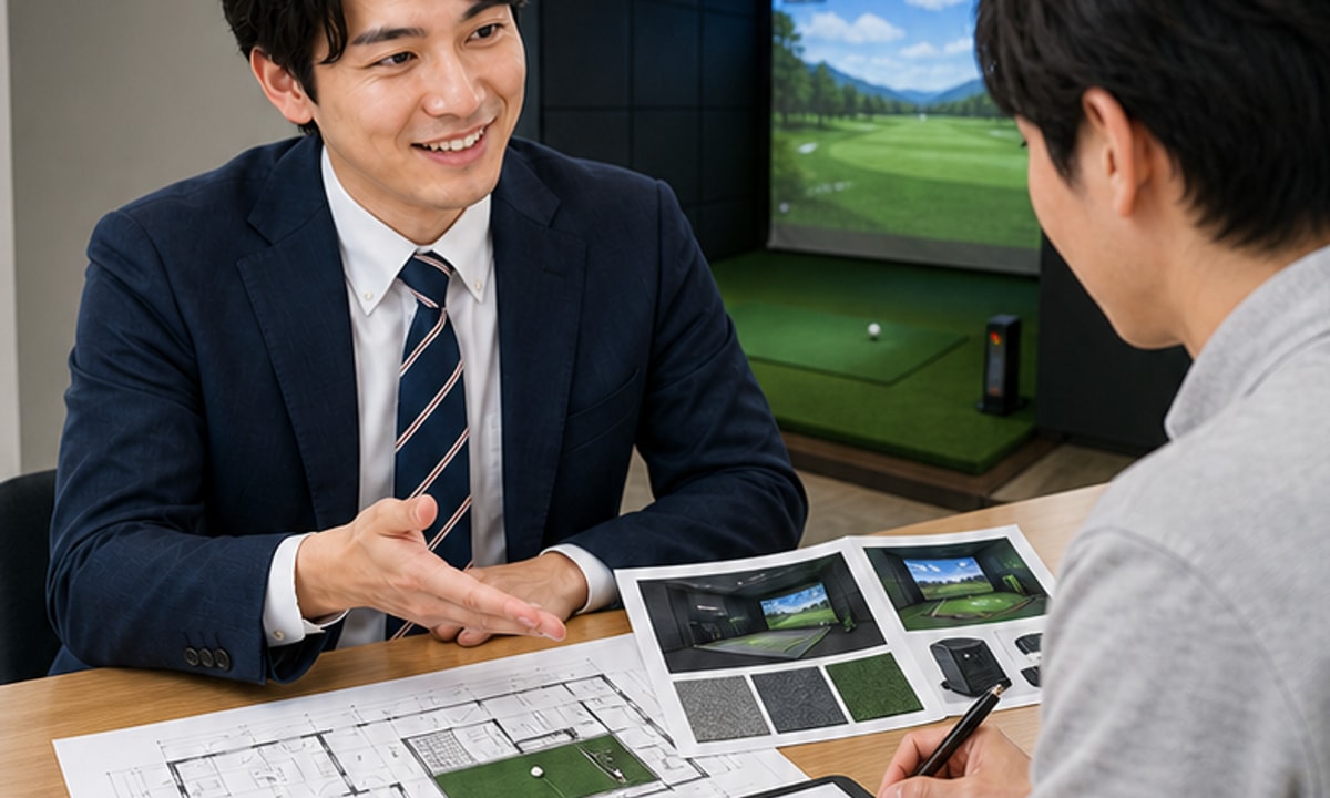ゴルフシミュレーターの仕様を確認して契約する様子