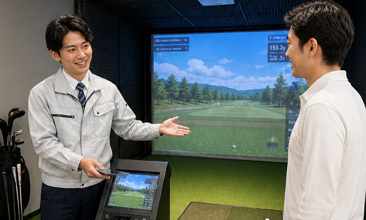 完成したゴルフシミュレーターの操作を説明するスタッフ
